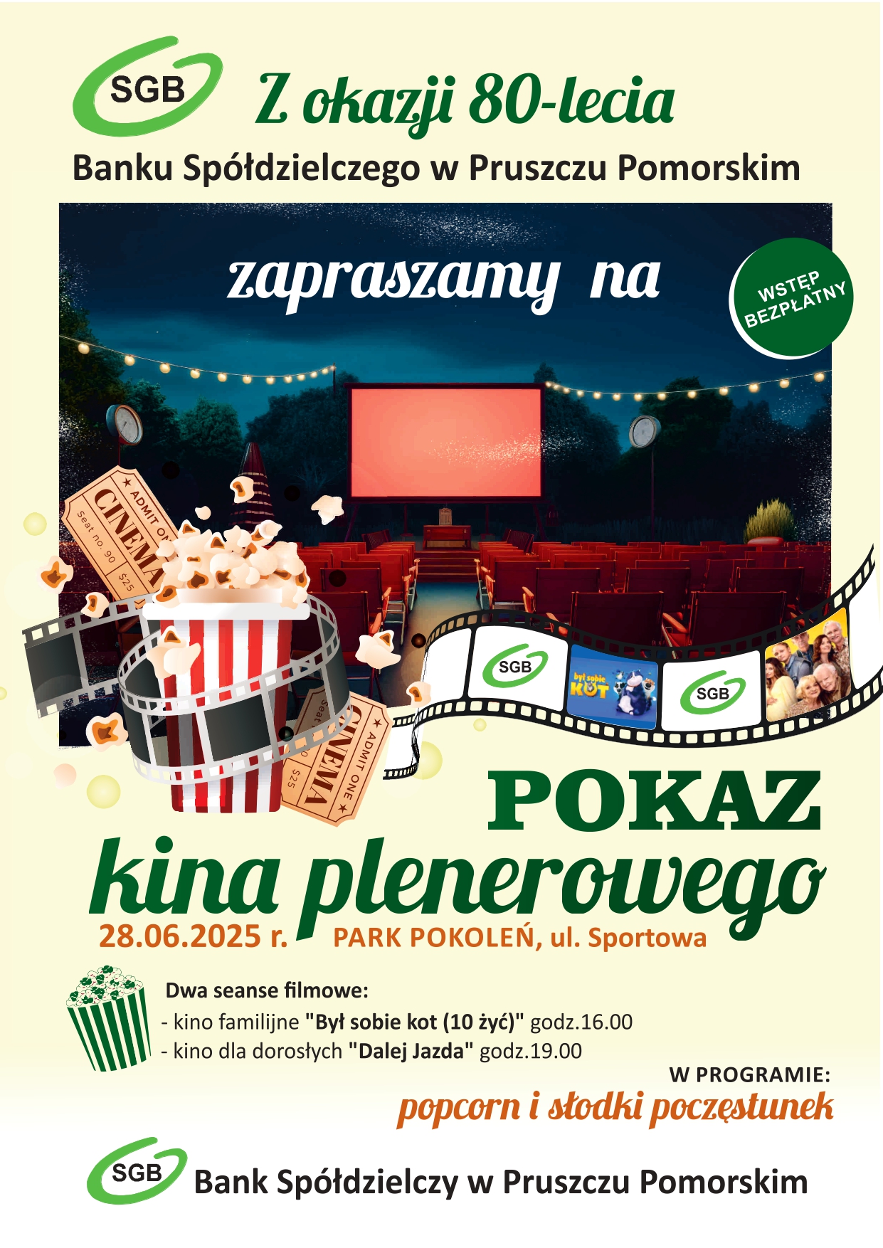 Grafika zawierająca informacje o pokazie kina plenerowego.