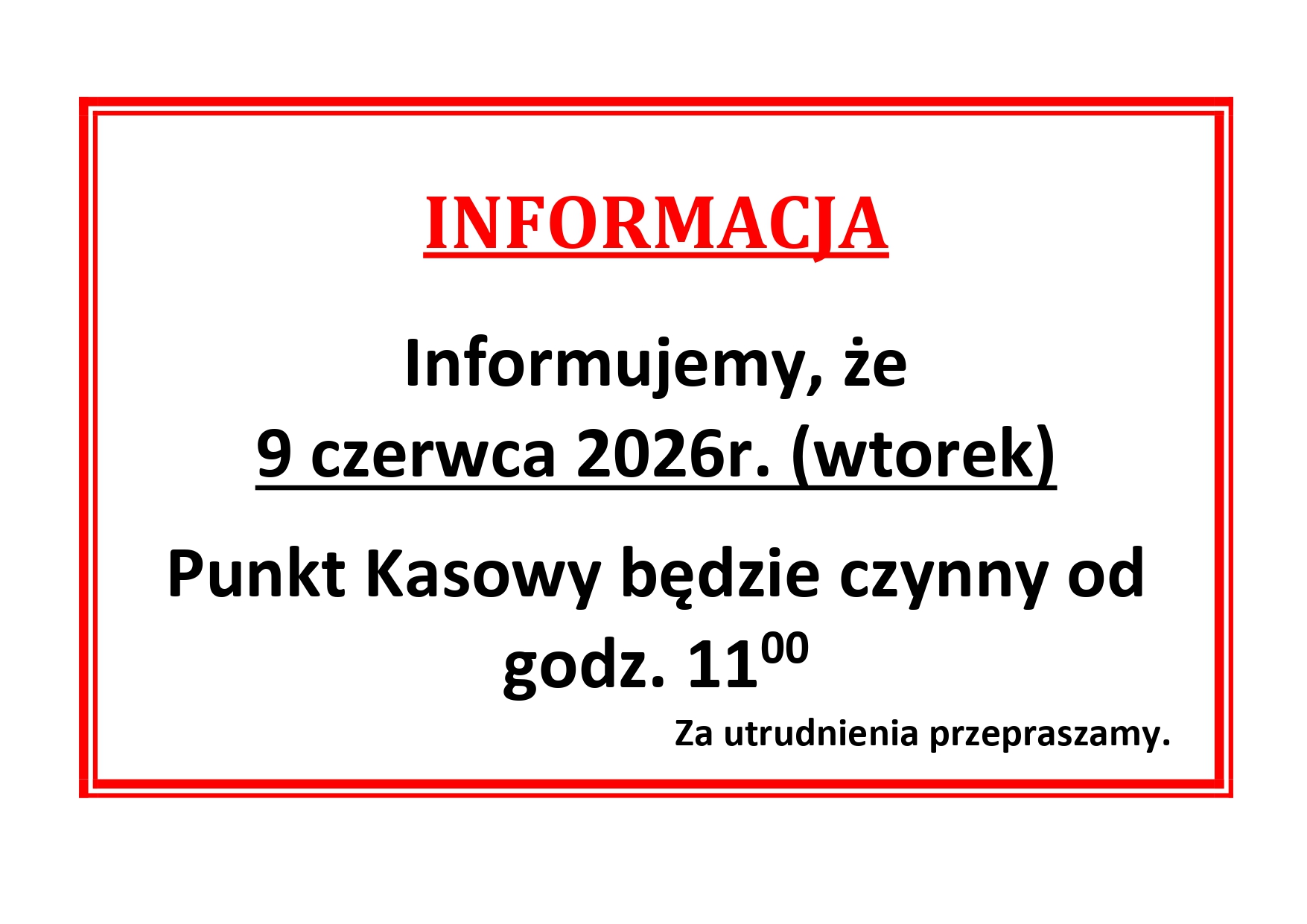 Zmieniona godzina otwarcia Punktu Kasowego w Serocku