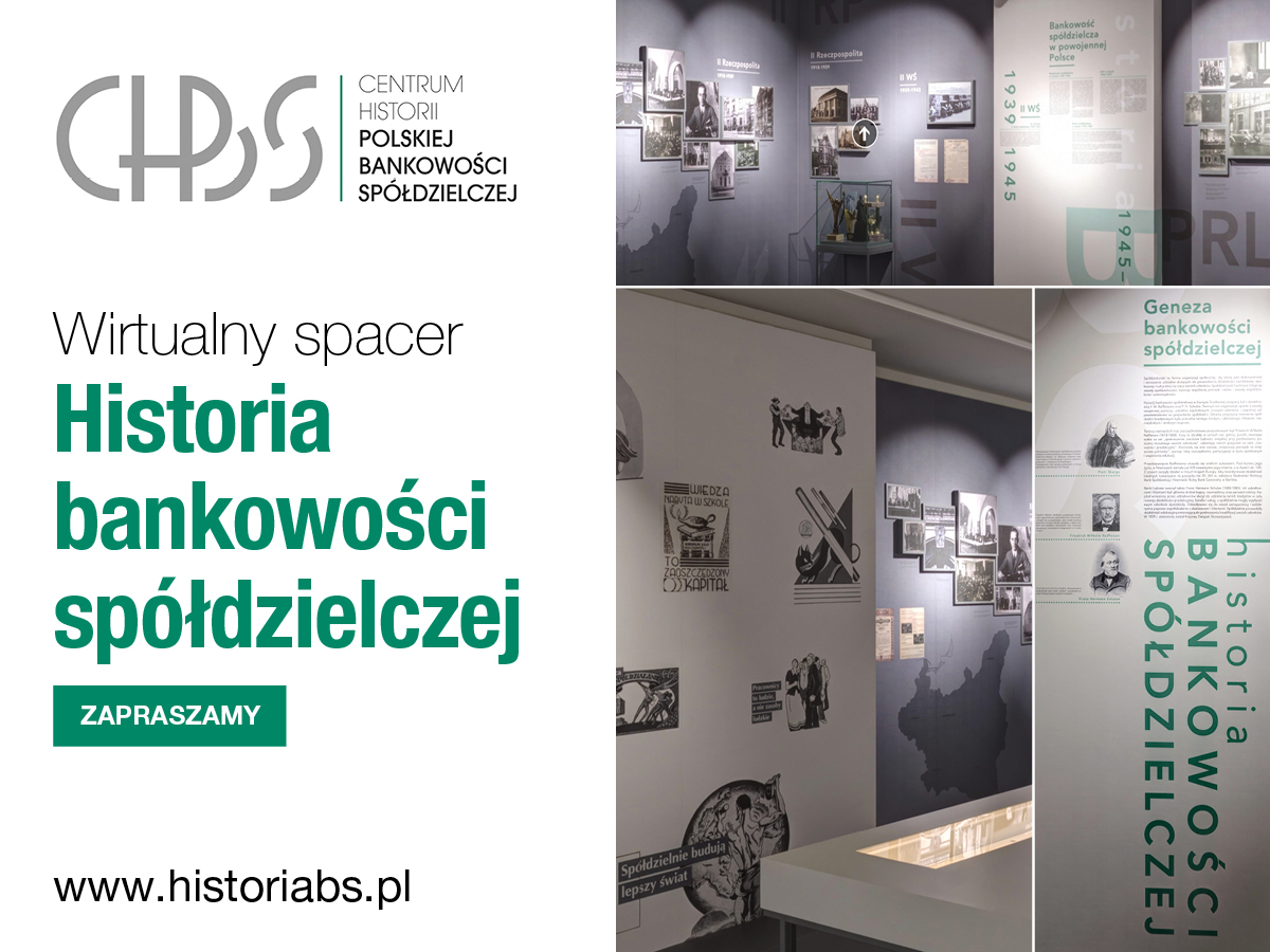 Grafika pokazująca ekspozycję w Centrum Historii Polskiej Bankowości Spółdzielczej