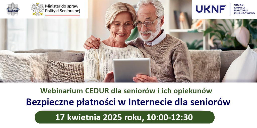 Grafika informująca o bezpłatnym webinarium dla seniorów i ich opiekunów