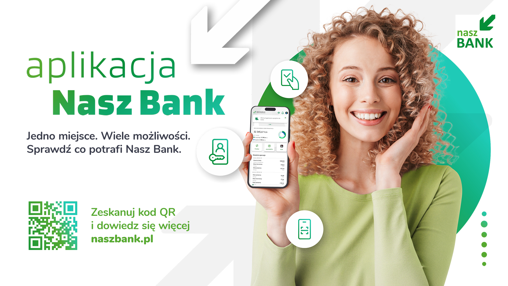 Grafika przedstawiająca uśmiechniętą kobietę w kręconych włosach trzymającą telefon z aplikacją bankową