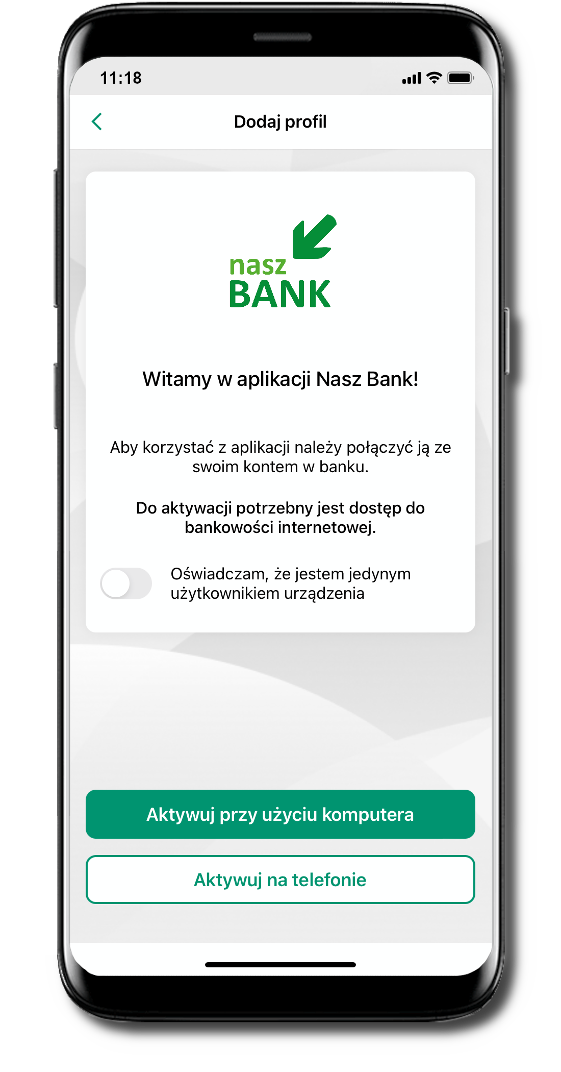 Telefon z ekranem logowania aplikacji Nasz Bank